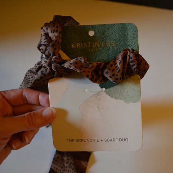 KRISTIN ESS HAIR The Scrunchie + Scarf Duo Brown Black Spots Leopard Fur Prints - Picture 4 of 5